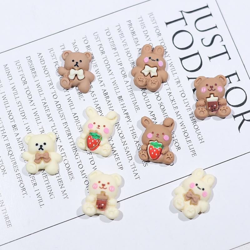 Cartoon Little Bear & Rabbit Resin Ornaments: Beige Milk Tea Phone Case & DIY Hair Accessories