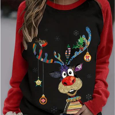 Autumn&Spring Clothing Christmas Deer Print Sweater Tops for Women Round Neck Long Sleeve