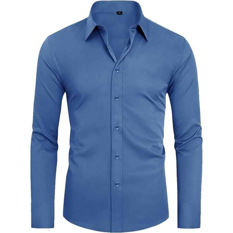 Men's Long Sleeve Solid Color Shirt, 4-Way Stretch, Natural Color Button, Slim Fit, Wrinkle Free, Business Casual Dress Shirt