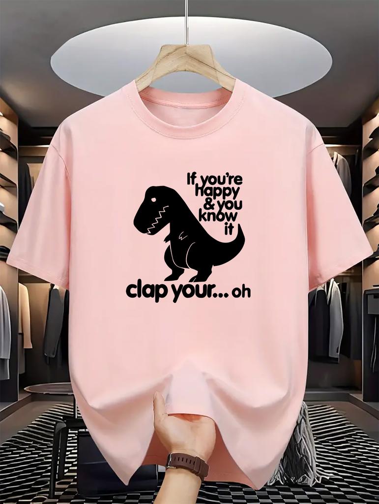 Men's Dinosaur Overlord Print T-Shirt - Casual Crew Neck, Regular Fit, Slight Stretch, Summer Short-Sleeve Tee - 180gsm