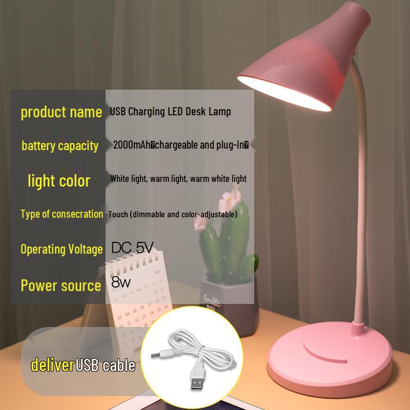 LED Desk Lamp with Eye Protection, Three-Level Dimming, USB Charging & Plug-in, Dual Use for Bedroom or Dorm.