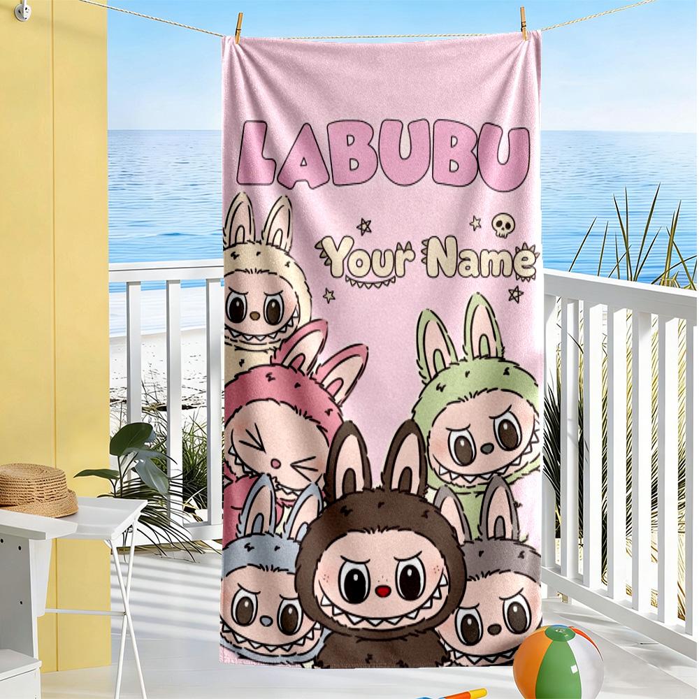 Labubu Customize Text Beach Towel Super Soft Microfiber Quickdry Fabric Perfect for Traveling Yoga Camping and Swimming