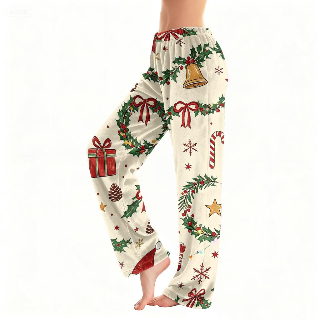 Women's Christmas Plush Pants with Snowflake and Christmas Tree Print, Cozy Sleep Pants for Home