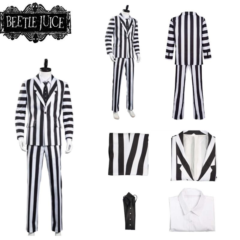 Cosplay Costume Beetlejuice Black And White Striped Suit Halloween Prop Party