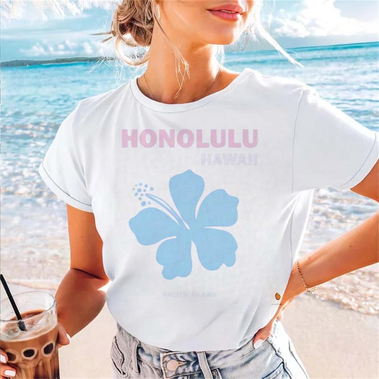 Sweet and Trendy 90s Printed Clothing Casual Women s T-Shirt Short Sleeved Fashionable Women s Flower Pattern Cute T-Shirt S