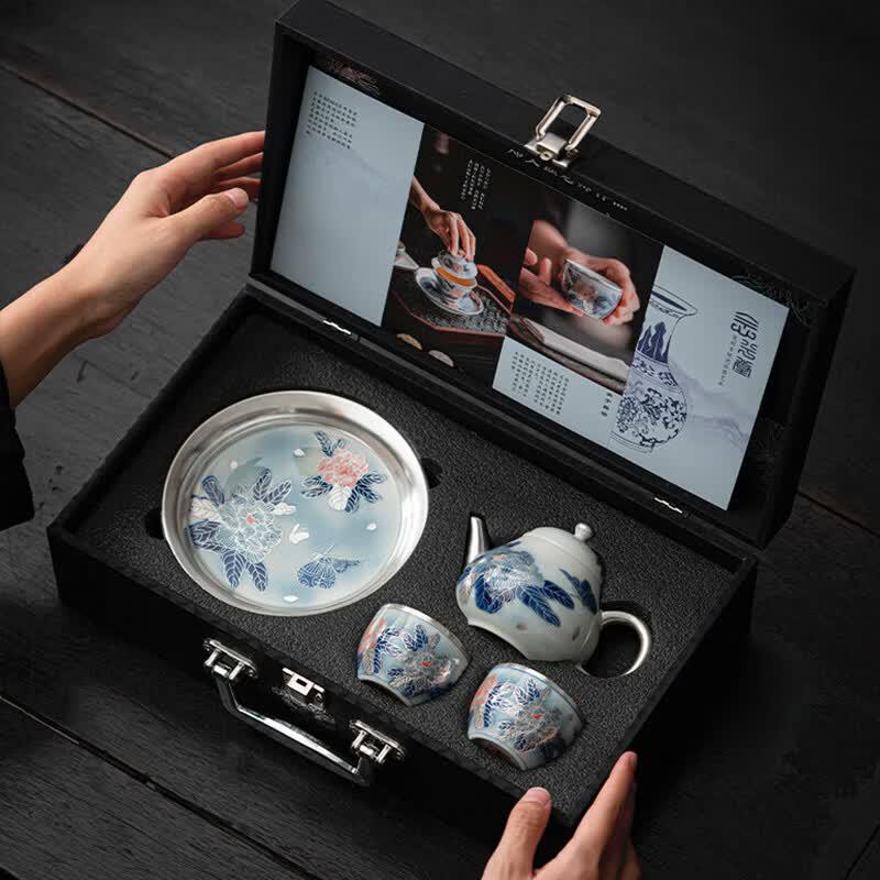 Su s Ceramic Gilded Silver Peony Tea Set