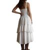 Women's Casual Lace Trim Spaghetti Strap Tiered Dress with Back Tie