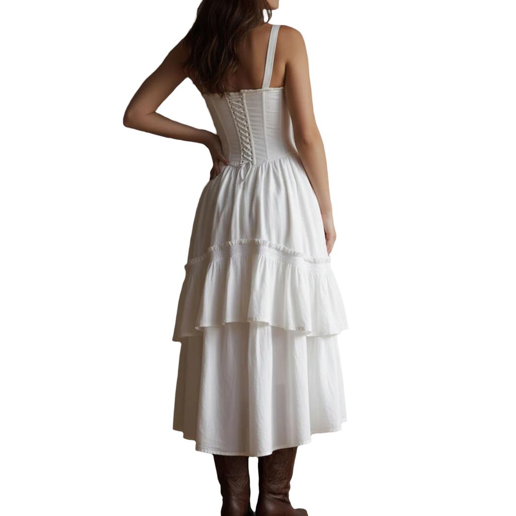 Women's Casual Lace Trim Spaghetti Strap Tiered Dress with Back Tie