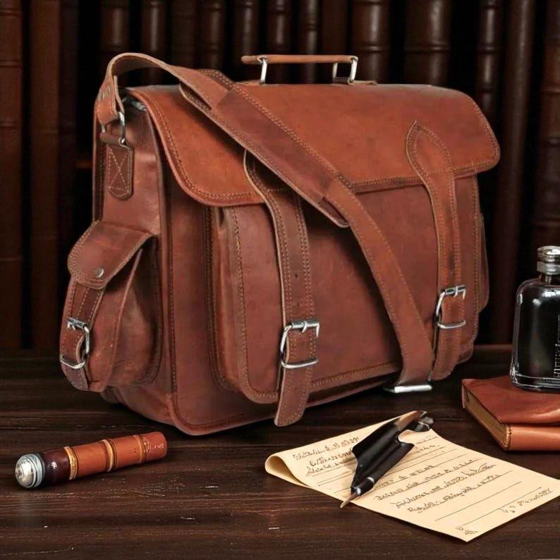Leather Laptop Messenger Briefcase Men, Monogram Cross Body Computer Sling Satchel Bag, Groomsmen Gifts