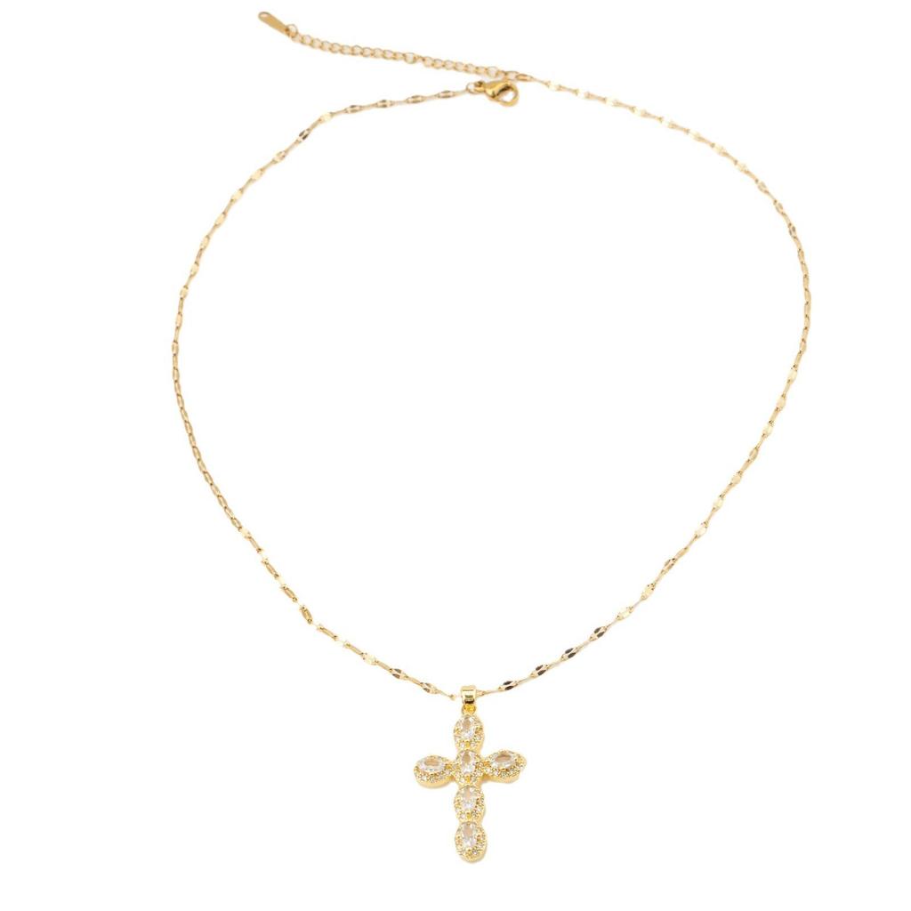 Colier Cruce Retro din Oțel Inoxidabil Aurit cu Incrustație de Zirconiu pentru Bărbați și Femei