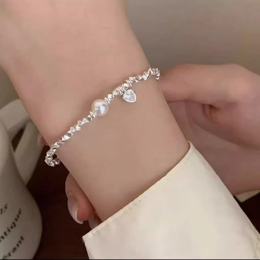 Heart-Shaped Zircon Silver Pearl Bracelet: Korean Style, Sweet, Versatile, High-End Design