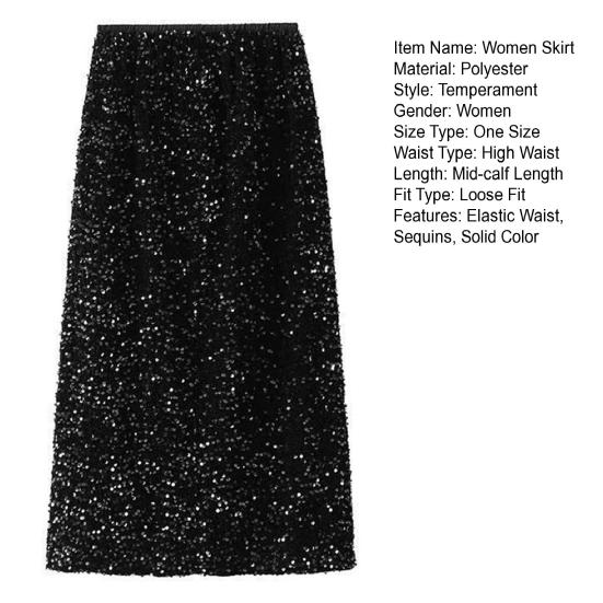 Yousheng Women Skirt Solid Color Shiny Sequin Decoration Midi Skirt Elastic High Waist Back Slit Design Skirt Beach Weddings Skirt