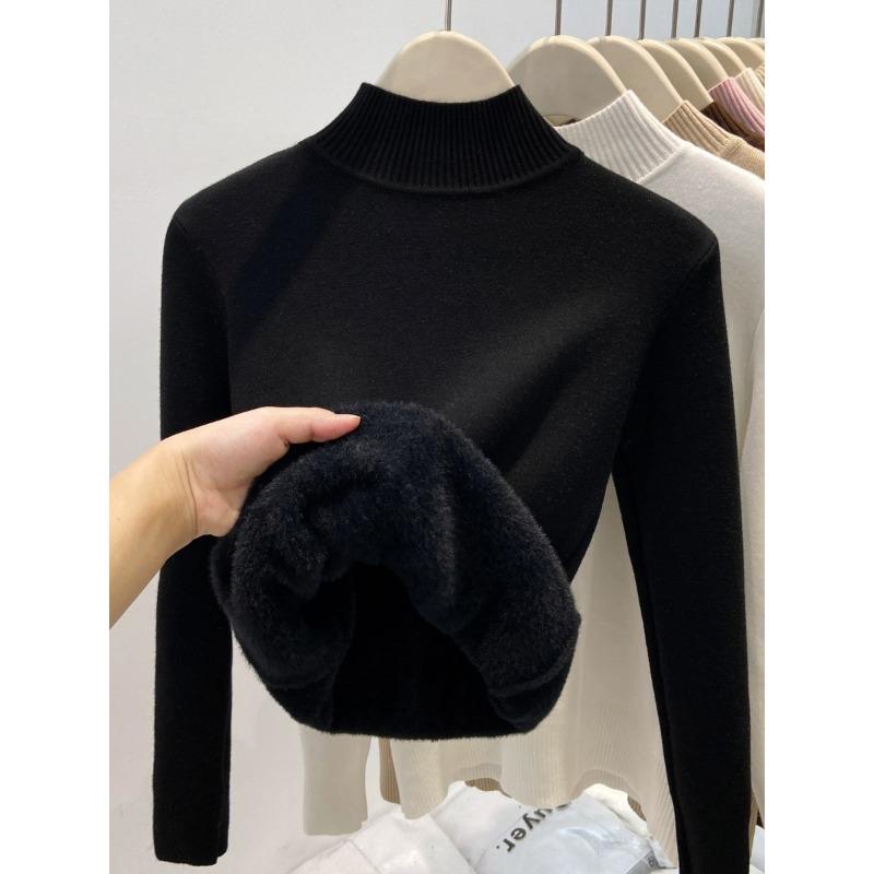 Winter integrated velvet thickened turtleneck knitted bottoming shirt women's warm inner top soft waxy basic sweater