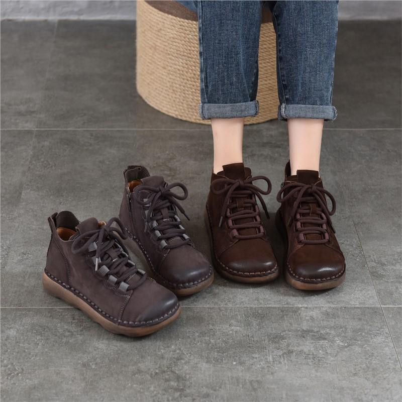 Johnature Scarpe da Donna in Vera Pelle Morbida Pelle Bovina Punta Rotonda Retro Stivaletti Bassi Piatti con Suola Morbida
