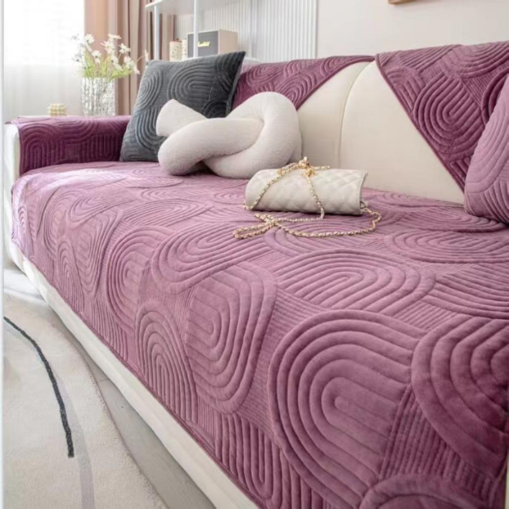 Winter Sofa Slipcover Thickened Flannel Quilted Anti Slip Couch Cover Solid Color