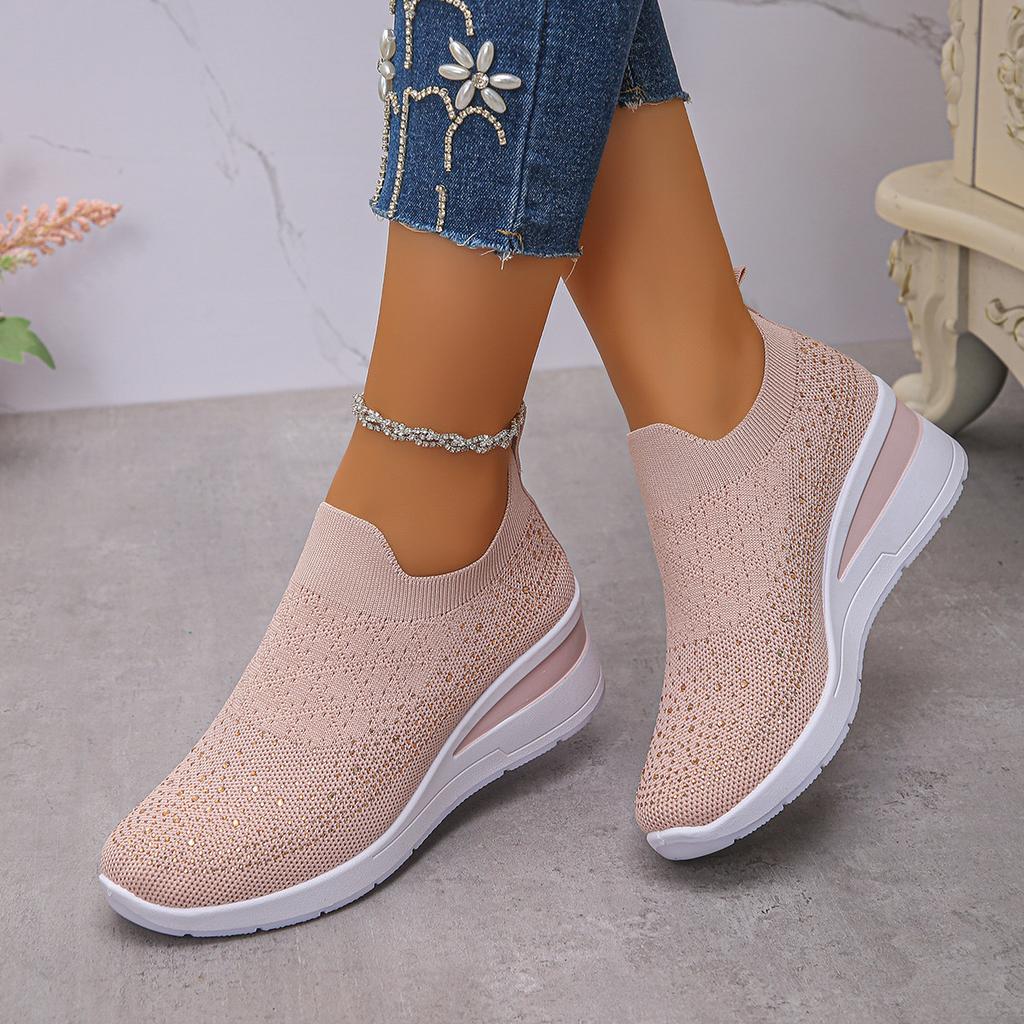 Fashion Rhinestone Decor Wedge Sneakers for Women Breathable Knitted Non Slip Running Shoes Woman Comfortable Slip On White Sports Shoes