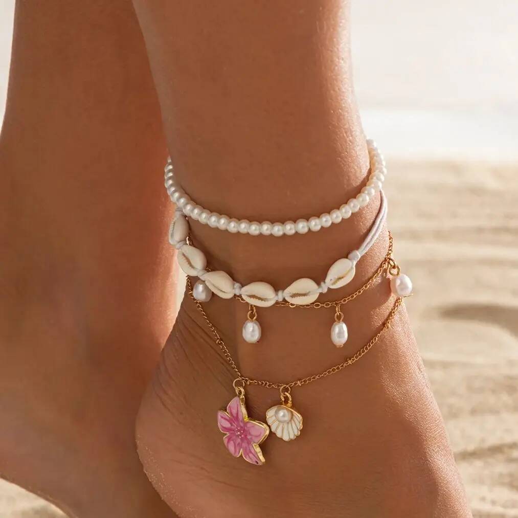 

SHIXIN 4Pcs/set Boho Flower Scallop Pendant Anklet Foot Chain Women Charm Imitation Pearl Ankle Beach Vintage Foot Jewelry Gift