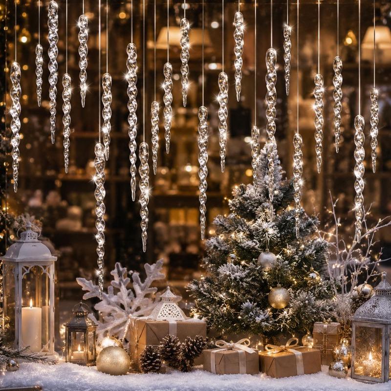 Crystal Transparent Twisted Icicle Pendants Christmas Tree Hanging Decor Ice Ornaments for Winter New Year Wedding Home Party