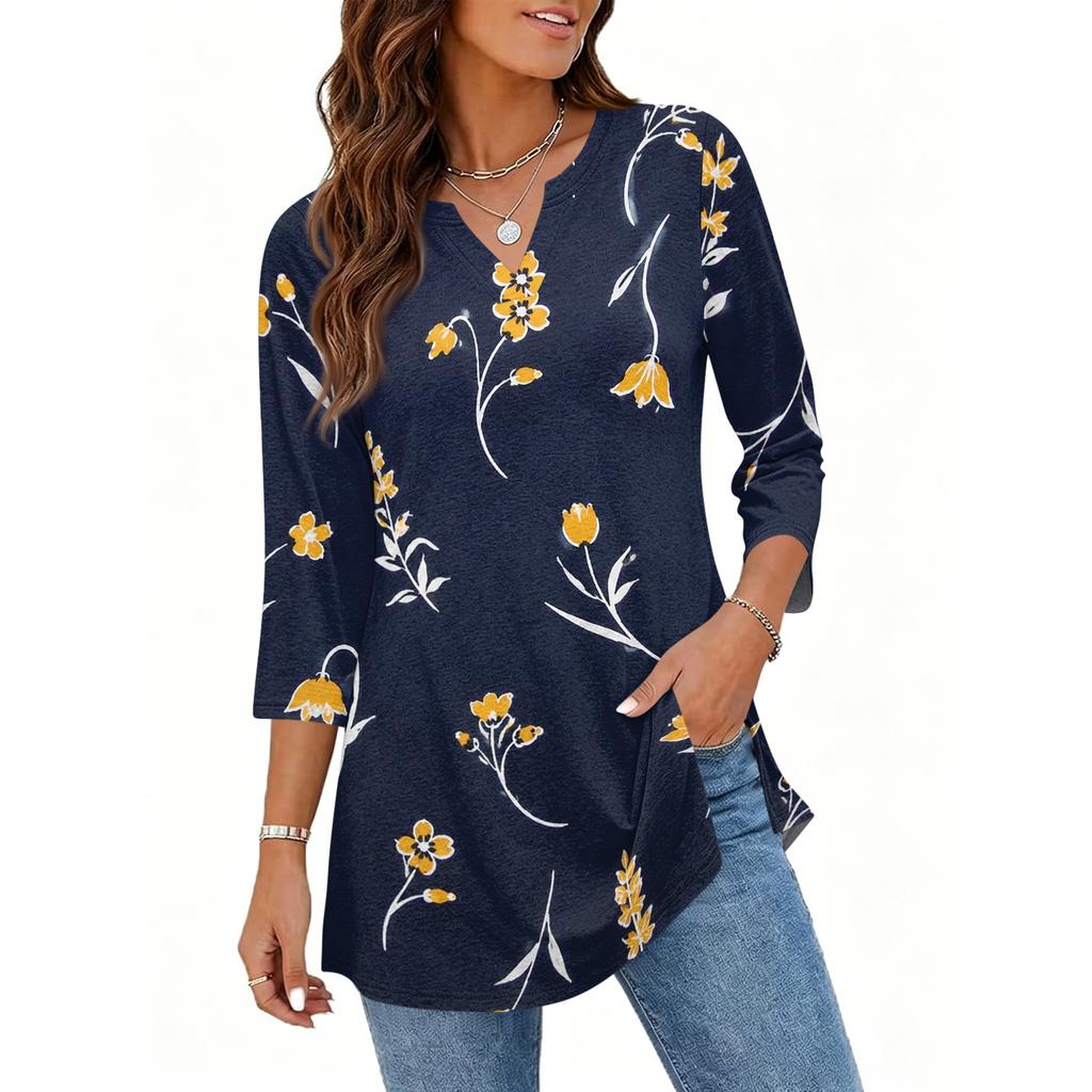 Womens Casual V Neck 3/4 Sleeve Pullover Tunic Top Floral Print Mid Length Blouse Lightweight Comfortable Fit