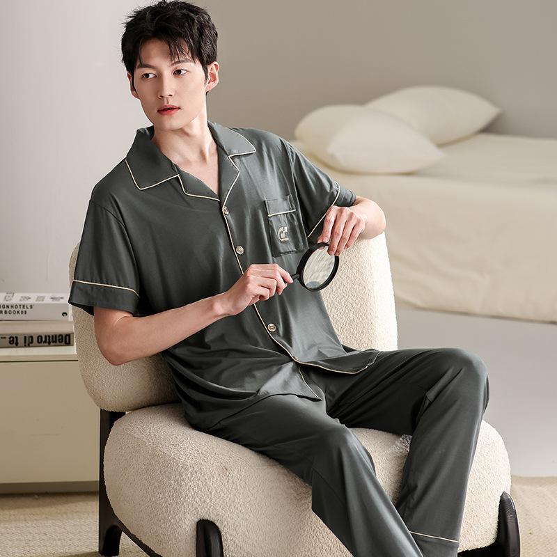 Pajamas Men's Summer Modal Thin Short Sleeve Long Pants Cool Cardigan Homewear Men's Summer Large Size Suit