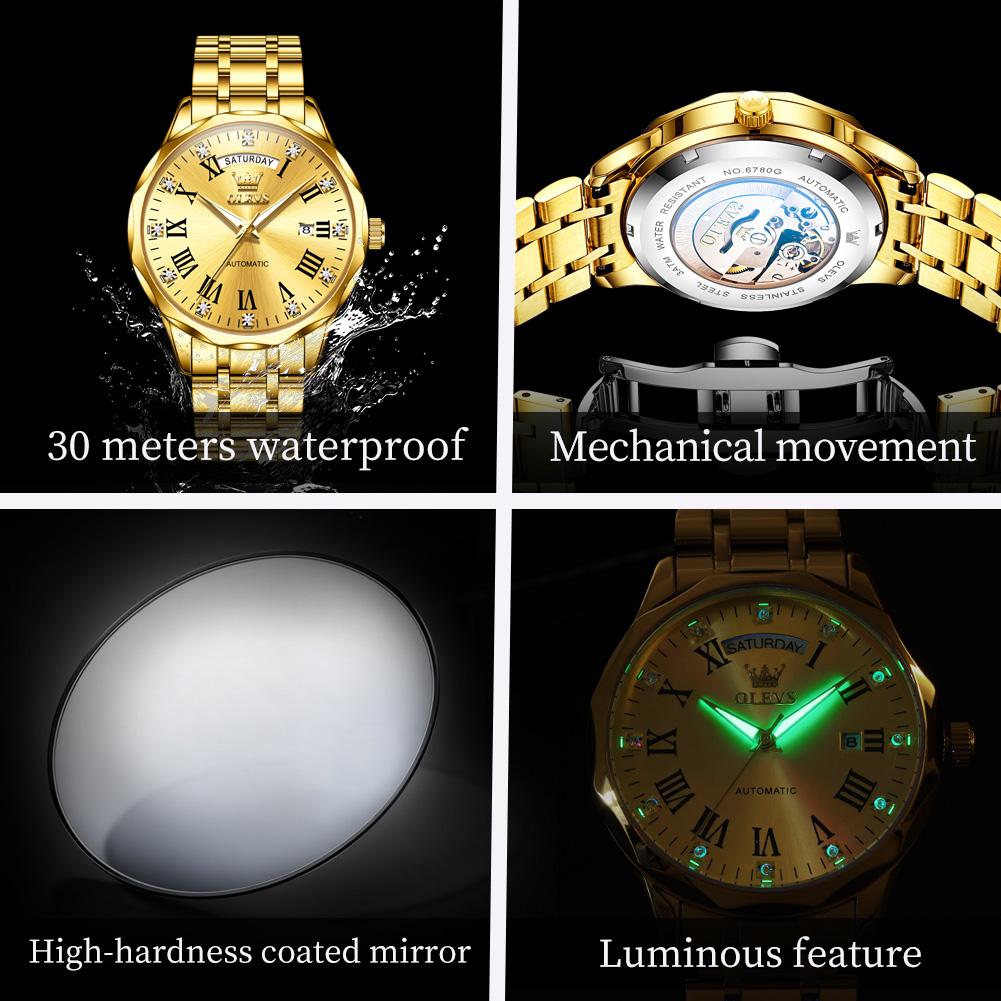 OLEVS New Automatic Man Watch 6780 Stainless Steel Waterproof Luminous Mens Watch Roman Diamond scale Auto Date Mechanical Watch