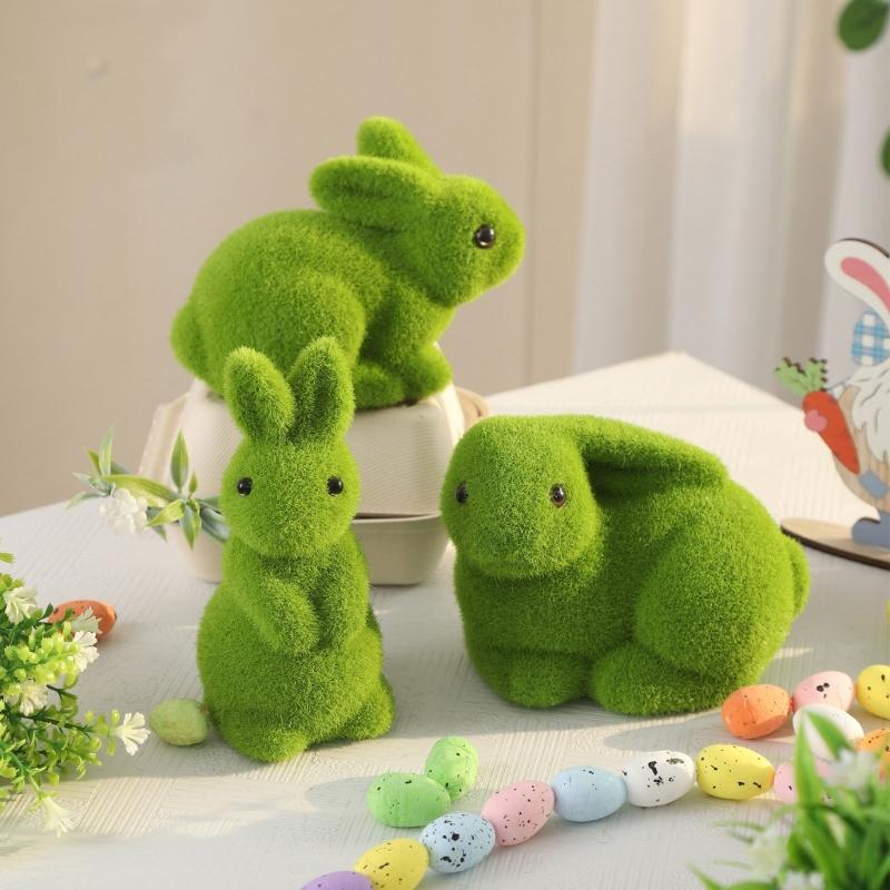 Easter Flocking Bunnies Decors Moss Bunnies Statues Rabbit Figurines Easter Decorations Tabletop Ornament Home Decors