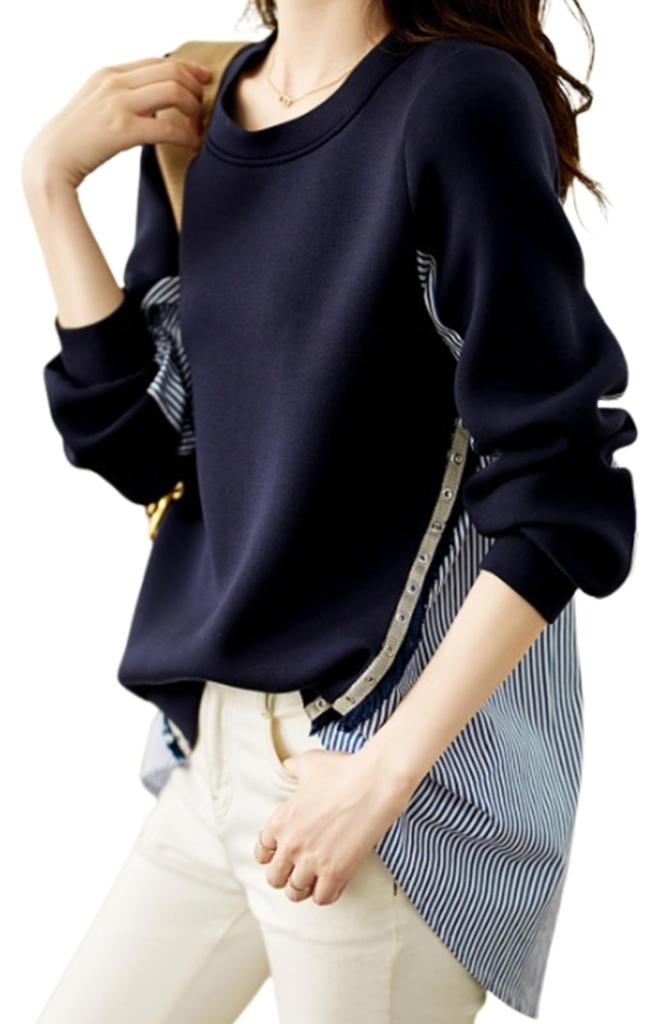 Maria Marfa Switch Sweatshirt Pullover Light No Long Navy Loose Everyday Korean Docking Mixed-Material Blouse, Striped, Spring/Summer, Stylish, Cool,