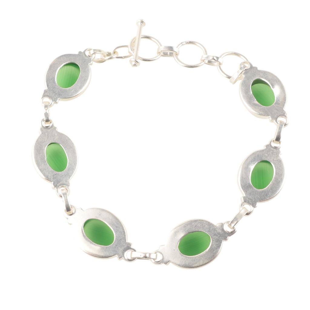 Natural Green Cat's Eye Gemstone 925 Sterling Silver Handmade Boho Bracelet 8.5" RB-3-24
