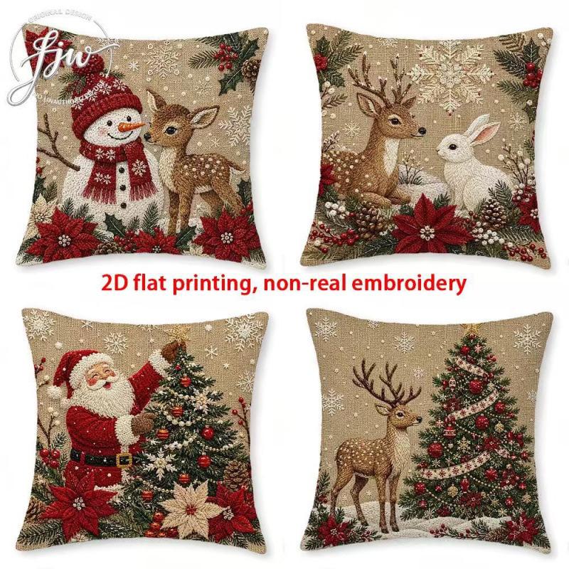 New Christmas Santa Pillow Cover, Imitation Embroidery Holiday Decorative Sofa Linen Car Cushion Cover