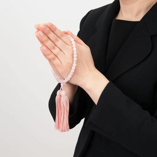 Buddhist Altar Shop Takita Shoten Kyoto Buddhist Prayer Beads for Women, 7mm Rose Quartz Beads, Silk Tassel with Prayer Bead Bag, Suitable for All Sec