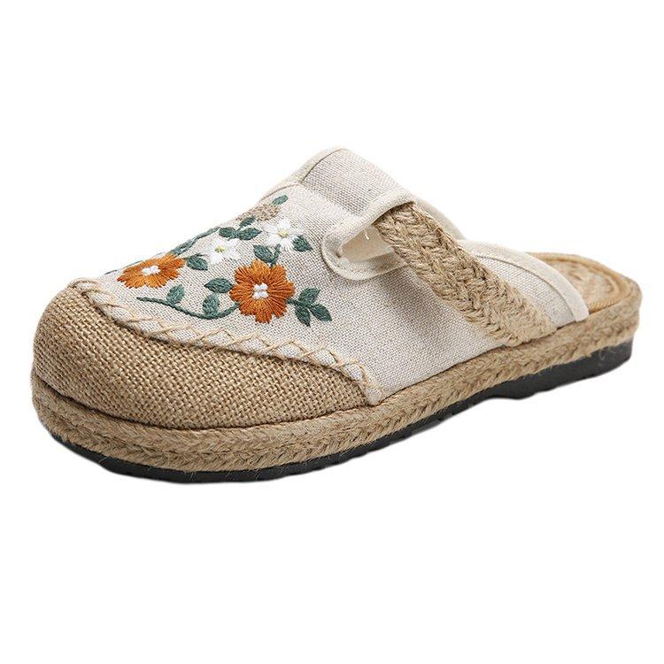 Women's platform office bag head slippers can be worn outside ethnic style old Beijing cloth shoes linen embroidery lazy pedal