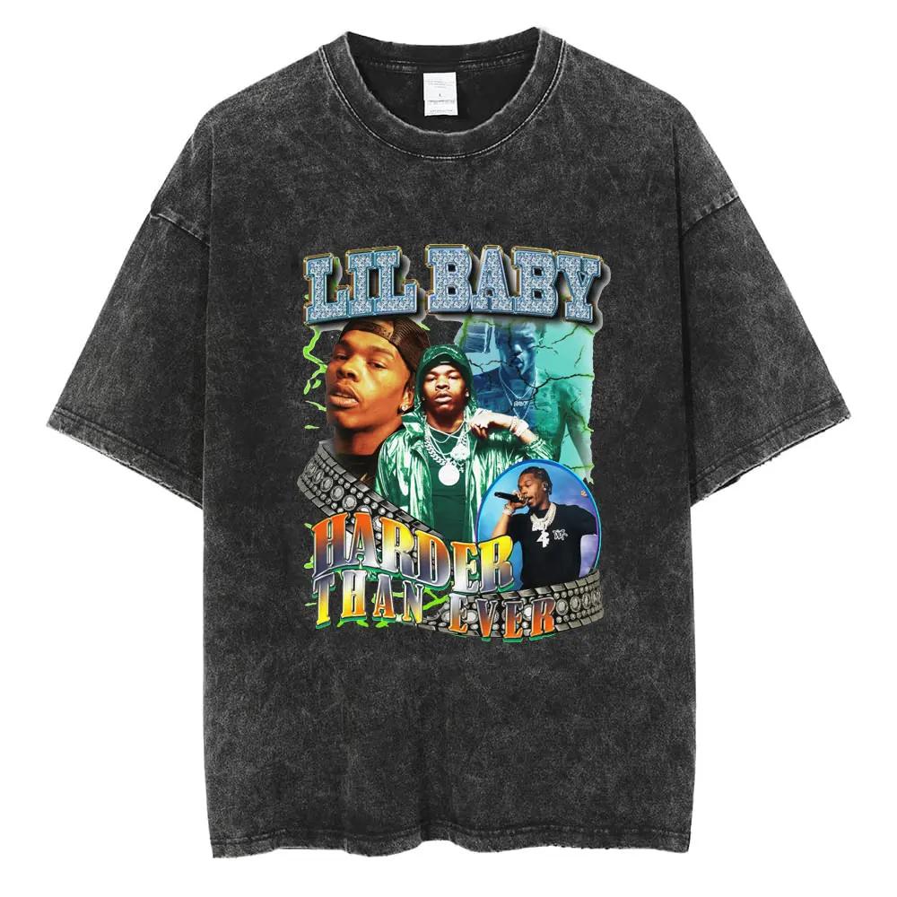 Rapper Lil Baby Wham World Tour Maglietta Lavata Vintage Uomo Donna Moda Casual Maglietta Retrò Hip Hop Magliette Oversize