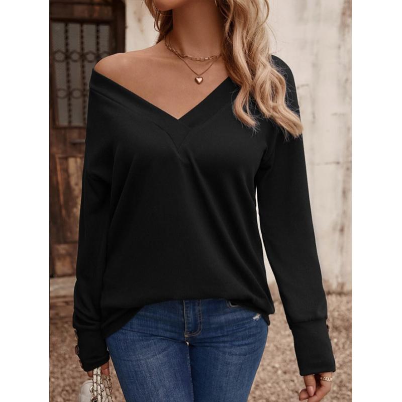 Women's V-Neck Button Down Shirt 2025 Fall Winter Long Sleeve Loose Fit Casual Top Blouse