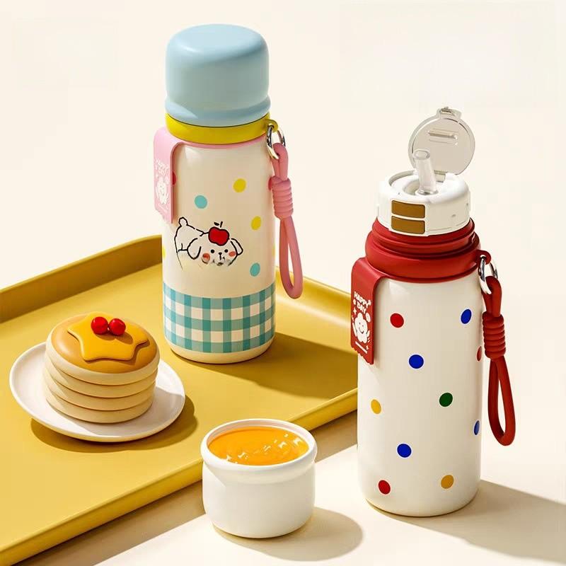 Polka Dot Insulated Bottle For Girls With Straw And Carrying Cord For School And Travel