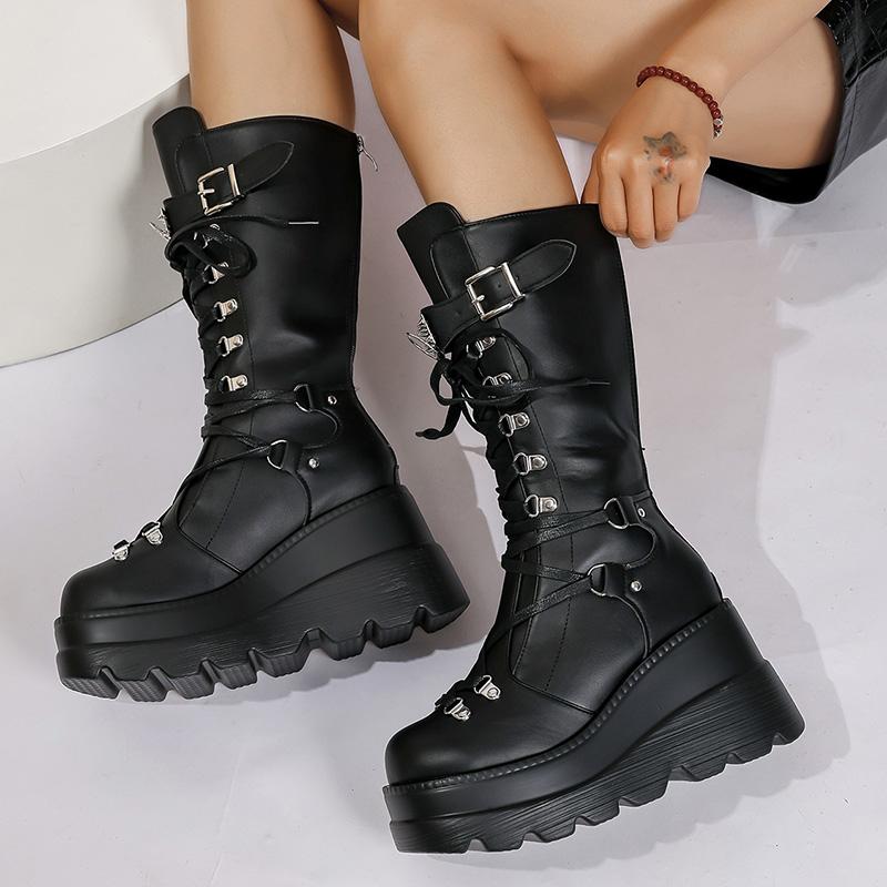 Fashion Punk Style Platform Motorcycle Boots Women Fashion Rivet Buckle Decor Combat Booties Woman Thick Sole Wedge Heel Mid Calf Boots
