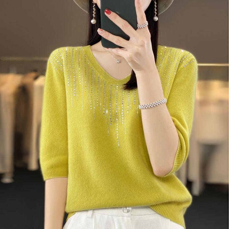 

Вязаный свитер с V-образным вырезом для женщин Повседневный свитер с рукавом три четверти для женщин Свободный короткий топ большого размера для весны и осени Пуловер 2XL