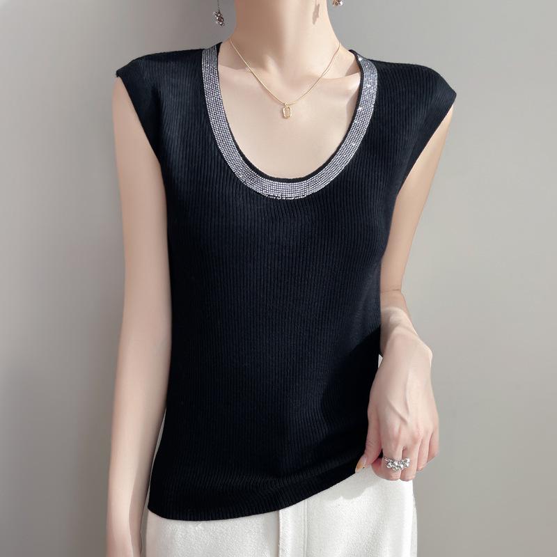 

Женский облегающий трикотажный жилет с воротником - Летний базовый слой со стразами 2025 Large чёрный