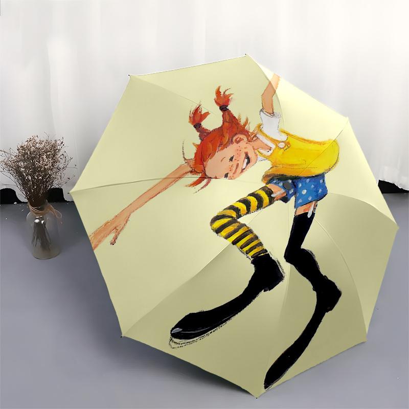 Pippi Longstocking Themed Travel Umbrella-8 Ribs Automatic Opening and Closing, Portable Folding Design, Compact and Stylish Umbrella Suitab