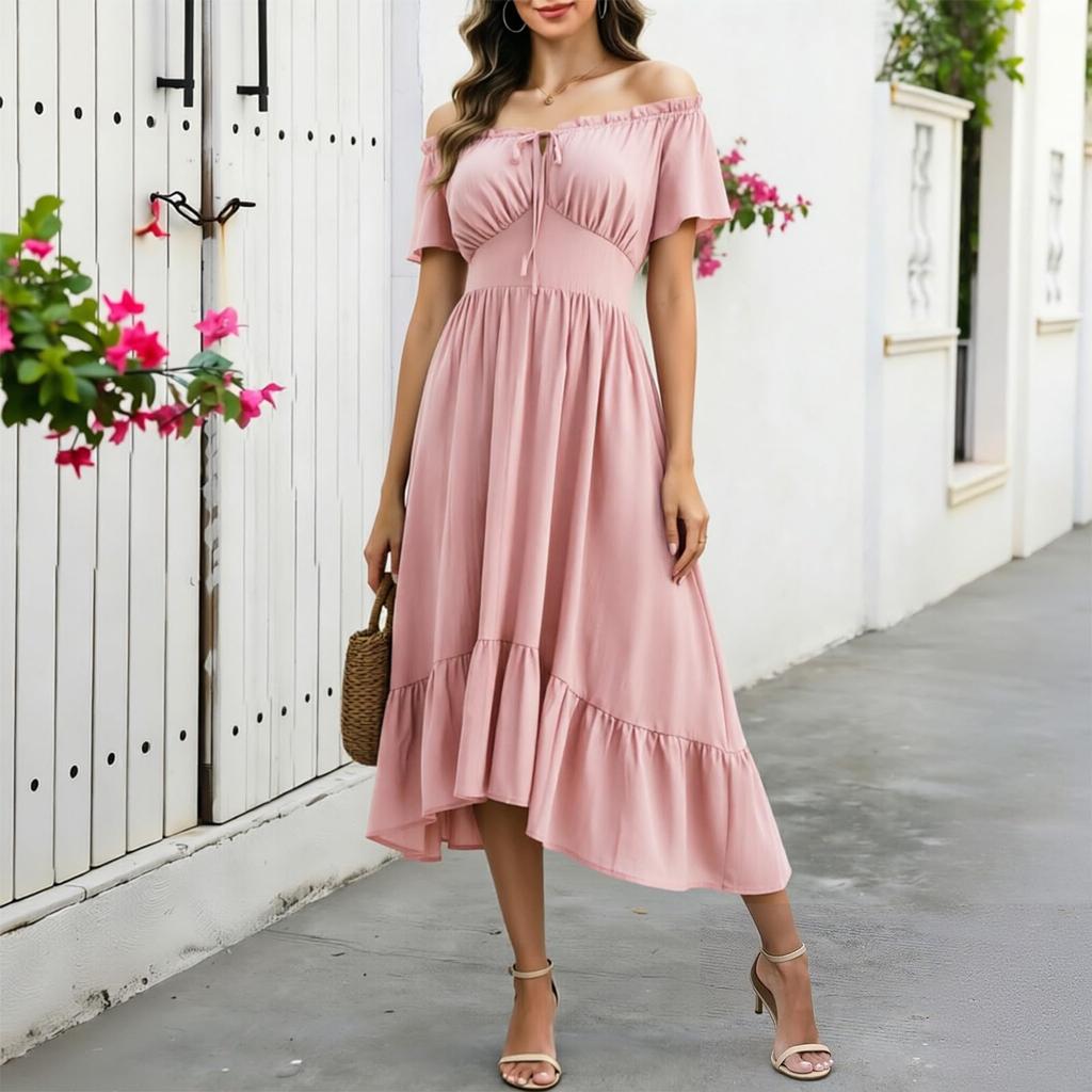 Women's Off Shoulder Short Sleeve Color Ruched Tie Waist Maxi Dress Casual Summer