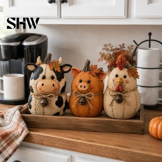 Thanksgiving Home Decor Ornaments Rustic Farmhouse Felt Animal Ornaments, Cute Cow/Pumpkin/Rooster Figurines, Decorative Handmade Animals Fall