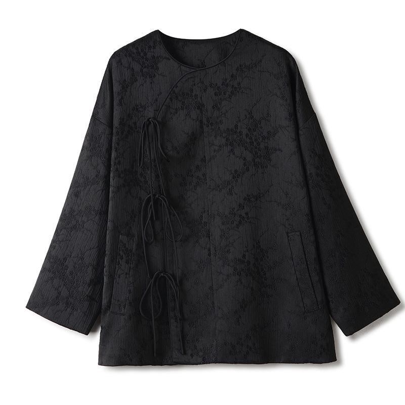 

Весенняя жаккардовая рубашка в китайском стиле, женская рубашка с круглым вырезом, длинным рукавом, шнуровкой, пряжкой, винтажная свободная блузка, пальто 3XL чёрный