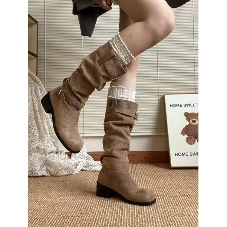Vintage Pile Boots Western Cowboy Boots Summer 2025 New Tall Boots Women's Boots Small Khaki Boots
