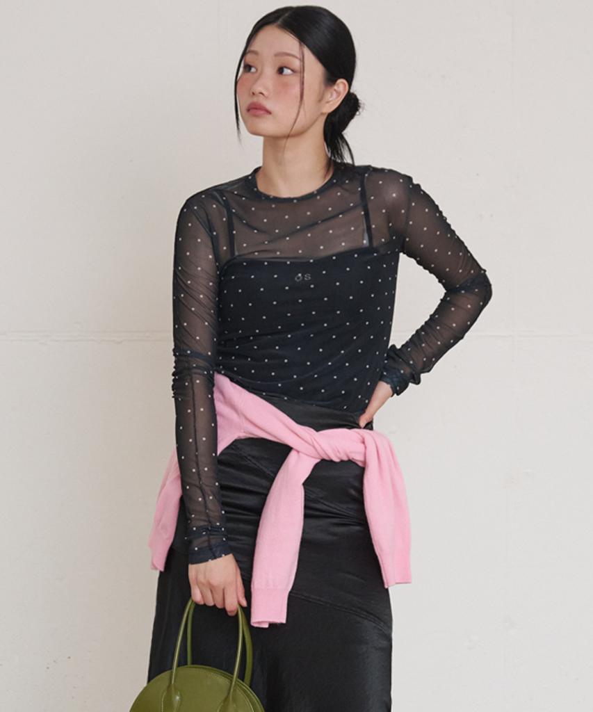 OPENING SUNSHINE Dot See-Through Long Sleeve Mesh Top Black