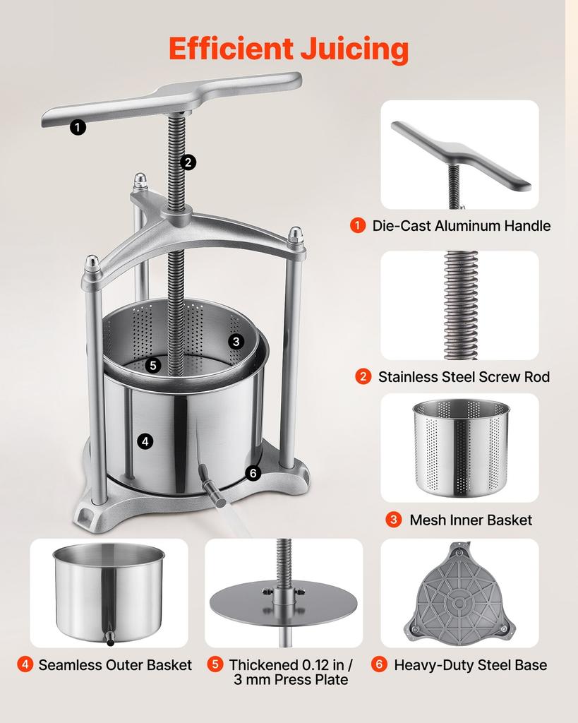 Fruit Wine Press, 1.6 Gallon/6L, Stainless Steel Manual Juice Maker with Powerful T-Shaped Handle, Juice Making for Apple/Grape/Orange/Berry,