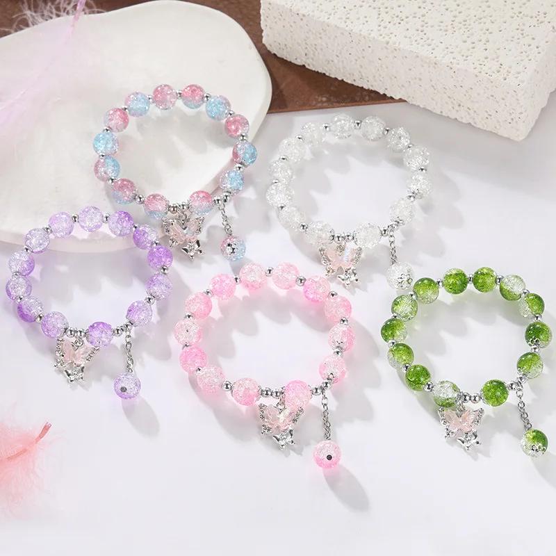 Butterfly Bohemian Sweet Beaded Bracelet for Women Girls Pink Color Imitation Jade Crystal Hand Jewelry Birthday Party Gifts
