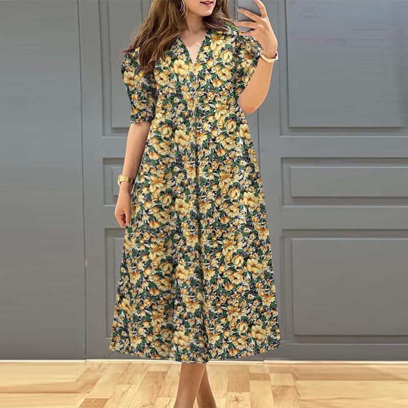 

ZANZEA Women V-neck Short Sleeve Summer Casual Floral Print Dress 2XL жёлтый