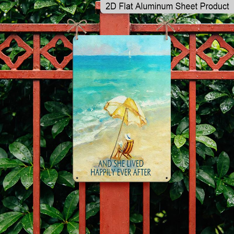 2D Flat 1pc Vintage Beach Metal Aluminum Wall Art Sign "And She Lived Happily Ever After" - 8x12 Inch Turquoise & Golden Coastal Decor, Summer Wall
