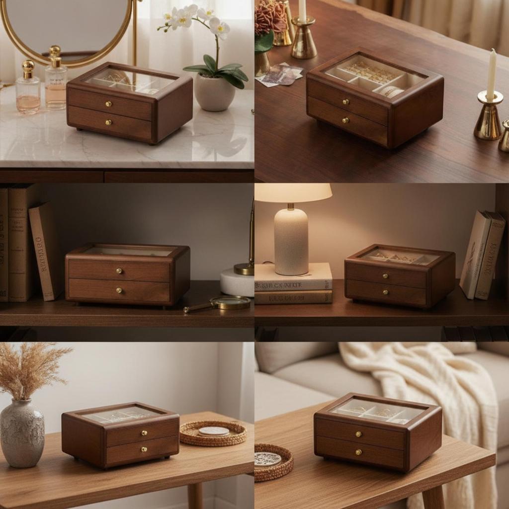 Jewelry Storage Box Wooden with Glass Lid Multi-Compartment