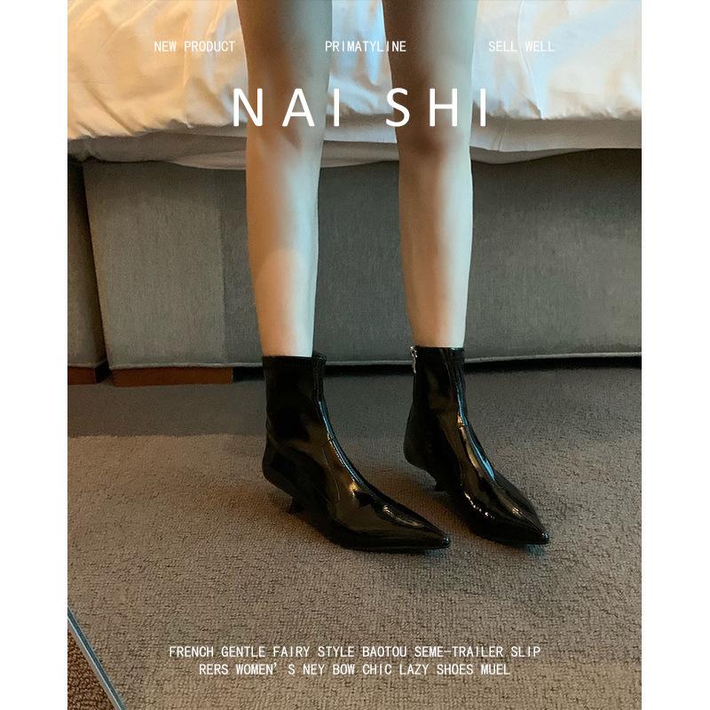Sheepskin version! French pointed toe bare boots temperament kitten and black short boots women's side zipper elastic thin boots thin heel