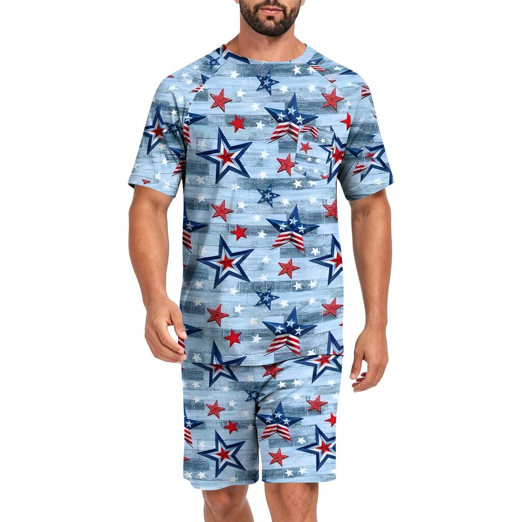 Conjunto de Pijama de Manga Corta para Hombre Ligero Transpirable Ropa de Dormir Top y Pantalones Cortos Cómodo Atuendo de Verano para Estar en Casa